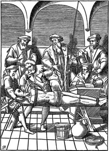 Aus dem 16. Jahrhundert: The Water Torture. Facsimile of a Woodcut in J. Damhoudère's Praxis Rerum Criminalium: in 4to, Antwerp, 1556.